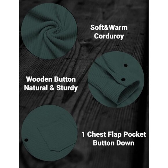 ❤️ Men's Corduroy Shirt Shacket Long Sleeve Button Down Lightweight Jacket Green - Picture 4 of 5